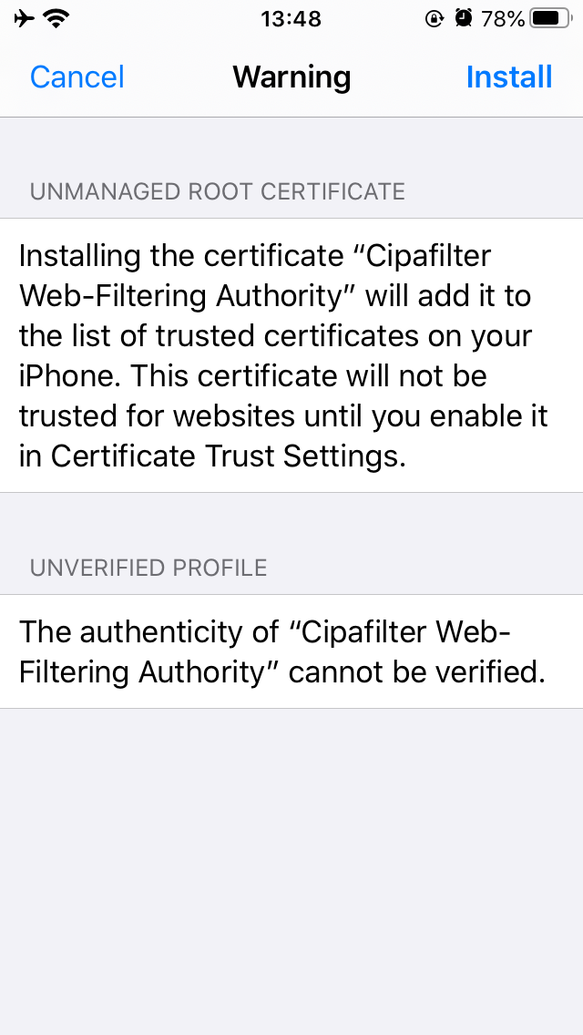 iOS unverified-profile warning